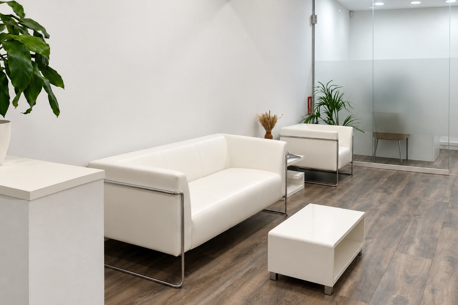 Sala de espera de LaClinic, con sofá claro y plantas naturales